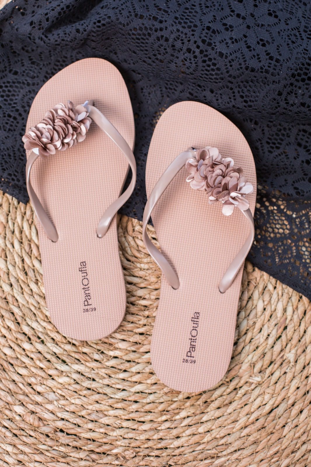 Summer Slipper Hand Made Flower Beige